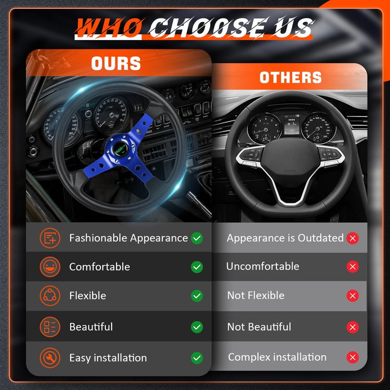 RASTP Universal Racing Steering Wheel,Drifting Deep Dish Steering Wheel 13.8â€/350mm 6 Bolts Grip Vinyl Leather & Aluminum with Horn Button for Car -Blue - Image 3